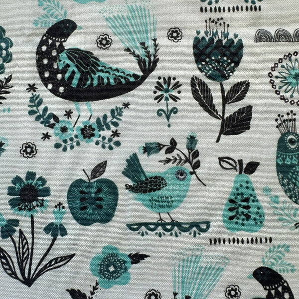 Close up of Fine Folk Songbirds cotton fabric by Helen Black, style FOLK1115