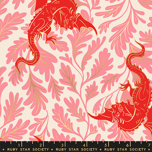 Scale of Fireglow Dragon Lair in Dark Ruby cotton fabric by Sarah Watts for Ruby Star Society featuring illustrated dragons, foliage, and metallic accents