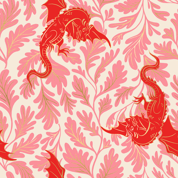 Fireglow Dragon Lair in Dark Ruby cotton fabric by Sarah Watts for Ruby Star Society featuring illustrated dragons, foliage, and metallic accents