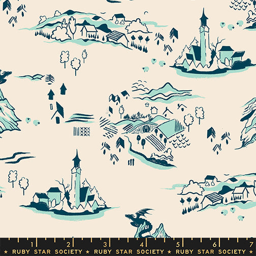 Scale of Fireglow Dragon Lair in Frost cotton fabric by Sarah Watts for Ruby Star Society featuring illustrated dragons, foliage, and metallic accents