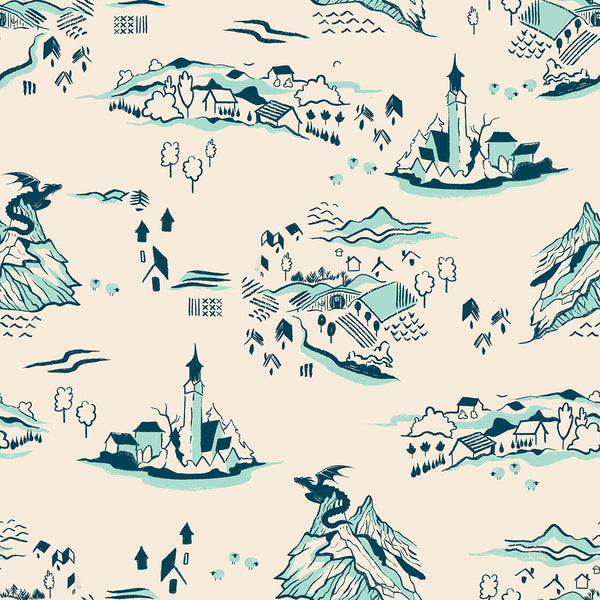 Fireglow Dragon Lair in Frost cotton fabric by Sarah Watts for Ruby Star Society featuring illustrated dragons, foliage, and metallic accents
