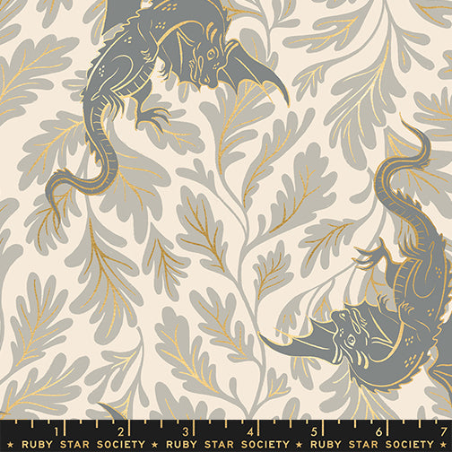 Scale of Fireglow Dragon Lair in Oyster cotton fabric by Sarah Watts for Ruby Star Society featuring illustrated dragons, foliage, and metallic accents