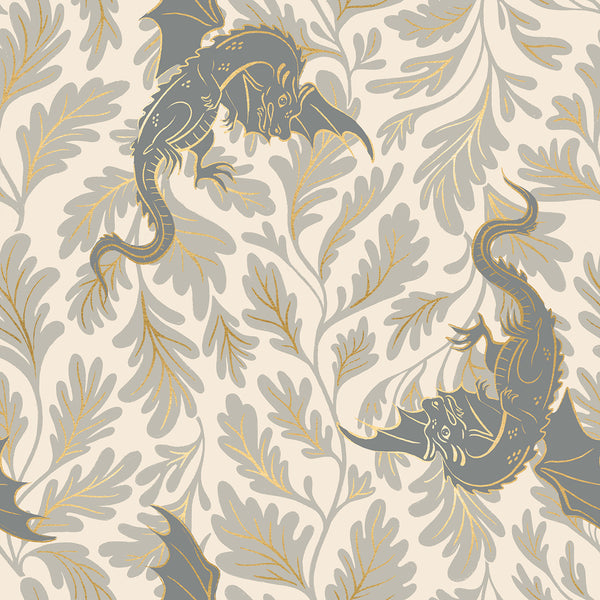 Fireglow Dragon Lair in Oyster cotton fabric by Sarah Watts for Ruby Star Society featuring illustrated dragons, foliage, and metallic accents