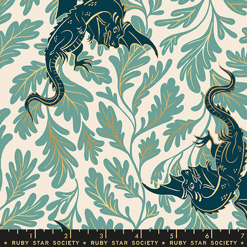 Scale of Fireglow Dragon Lair in Watercress cotton fabric by Sarah Watts for Ruby Star Society featuring illustrated dragons, foliage, and metallic accents