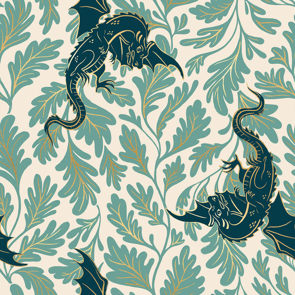 Fireglow Dragon Lair in Watercress cotton fabric by Sarah Watts for Ruby Star Society featuring illustrated dragons, foliage, and metallic accents