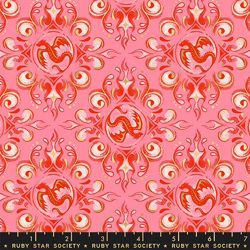 Scale of Fireglow Emblem in Dark Ruby cotton fabric by Sarah Watts for Ruby Star Society featuring dragon emblems and metallic accents