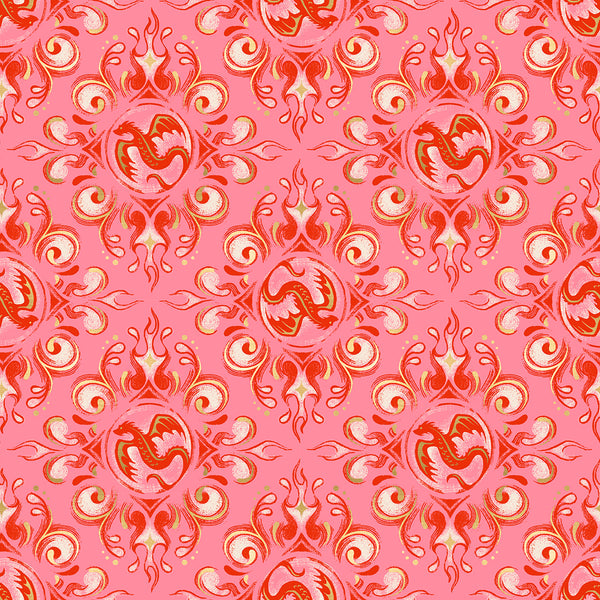 Fireglow Emblem in Dark Ruby cotton fabric by Sarah Watts for Ruby Star Society featuring dragon emblems and metallic accents