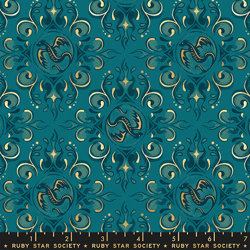 Scale of Fireglow Emblem in Galaxy cotton fabric by Sarah Watts for Ruby Star Society featuring dragon emblems and metallic accents