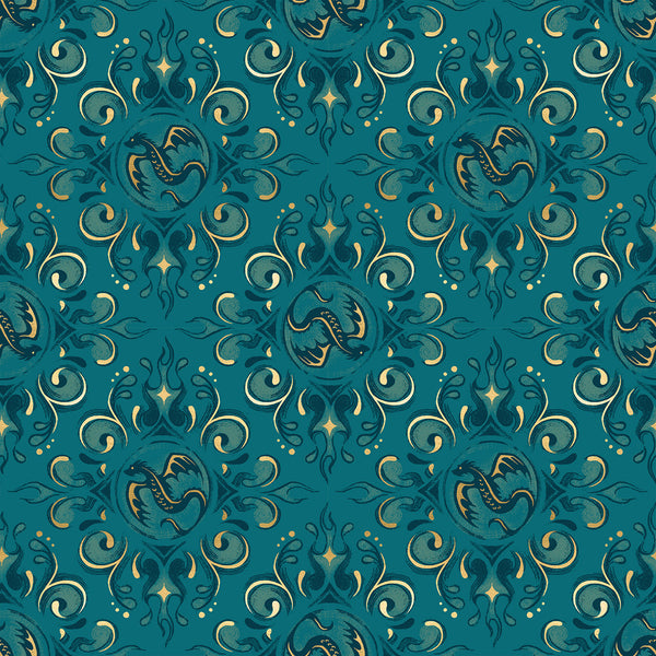 Fireglow Emblem in Galaxy cotton fabric by Sarah Watts for Ruby Star Society featuring dragon emblems and metallic accents