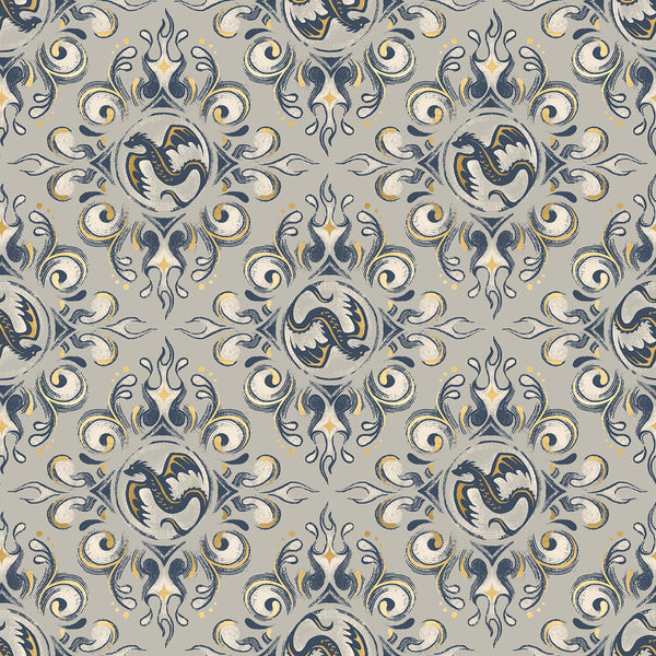 Fireglow Emblem in Oyster cotton fabric by Sarah Watts for Ruby Star Society featuring dragon emblems and metallic accents