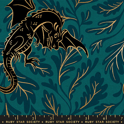 Scale of Fireglow Etched Dragons Canvas in Dark Blue cotton linen fabric by Sarah Watts for Ruby Star Society featuring illustrated dragons and metallic star accents