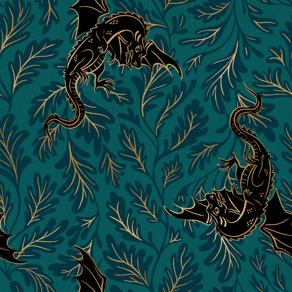 Fireglow Etched Dragons Canvas in Dark Blue cotton linen fabric by Sarah Watts for Ruby Star Society featuring illustrated dragons and metallic star accents