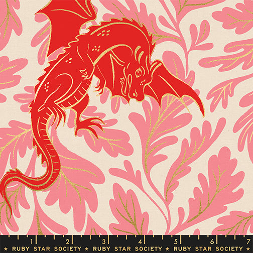 Scale of Fireglow Etched Dragons Canvas in Dark Ruby cotton linen fabric by Sarah Watts for Ruby Star Society featuring illustrated dragons and metallic star accents