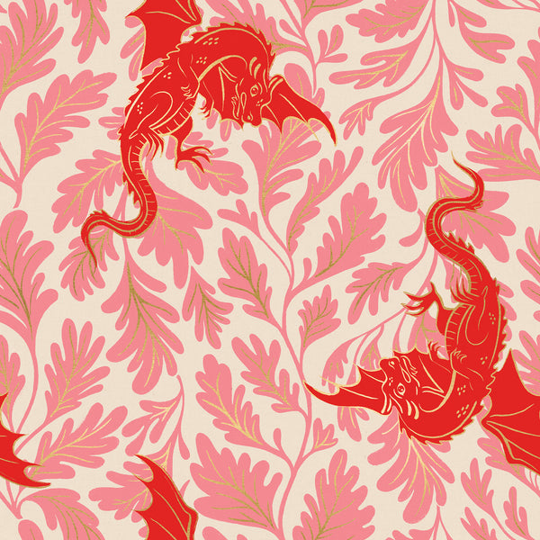 Fireglow Etched Dragons Canvas in Dark Ruby cotton linen fabric by Sarah Watts for Ruby Star Society featuring illustrated dragons and metallic star accents