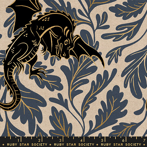 Scale of Fireglow Etched Dragons Canvas in Metallic Smoke cotton linen fabric by Sarah Watts for Ruby Star Society featuring illustrated dragons and metallic star accents