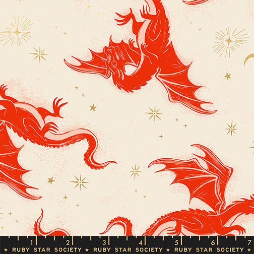 Scale of Fireglow Etched Dragons in Dark Ruby cotton fabric by Sarah Watts for Ruby Star Society featuring dragons, stars, and metallic accents