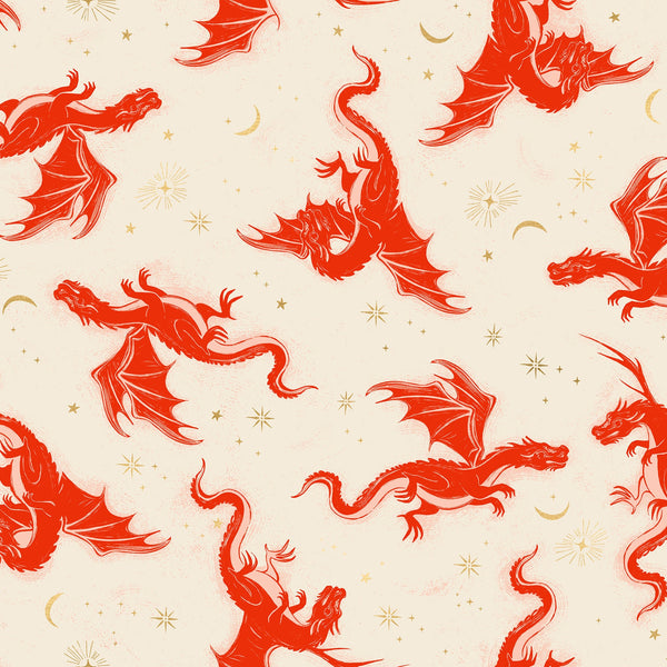 Fireglow Etched Dragons in Dark Ruby cotton fabric by Sarah Watts for Ruby Star Society featuring dragons, stars, and metallic accents