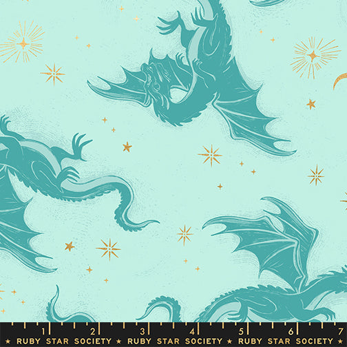 Scale of Fireglow Etched Dragons in Mint cotton fabric by Sarah Watts for Ruby Star Society featuring dragons, stars, and metallic accents
