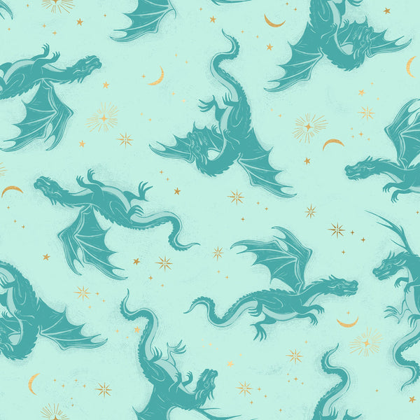 Fireglow Etched Dragons in Mint cotton fabric by Sarah Watts for Ruby Star Society featuring dragons, stars, and metallic accents