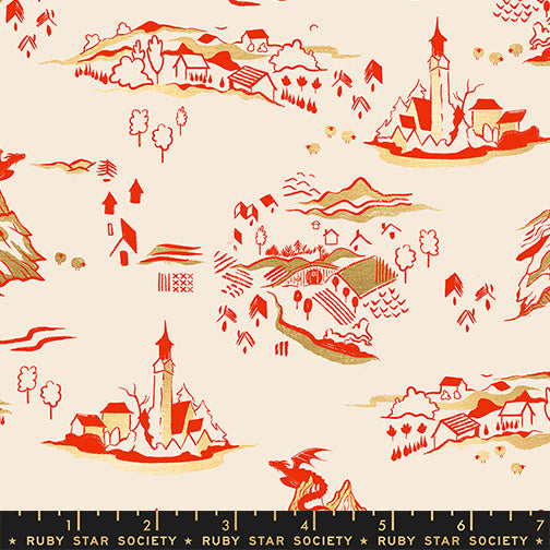 Scale of Fireglow Mountain Town Landscape in Dark Ruby cotton fabric by Sarah Watts for Ruby Star Society featuring illustrated village scenery and metallic accents