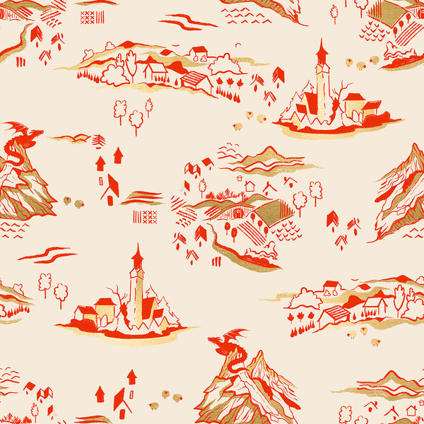 Fireglow Mountain Town Landscape in Dark Ruby cotton fabric by Sarah Watts for Ruby Star Society featuring illustrated village scenery and metallic accents