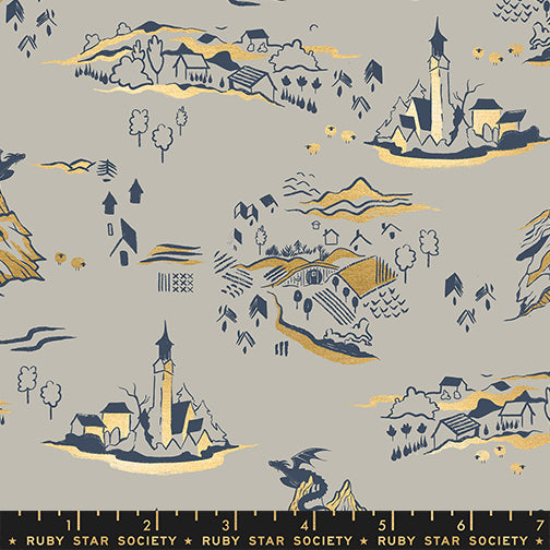 Scale of Fireglow Mountain Town Landscape in Oyster cotton fabric by Sarah Watts for Ruby Star Society featuring illustrated village scenery with metallic accents