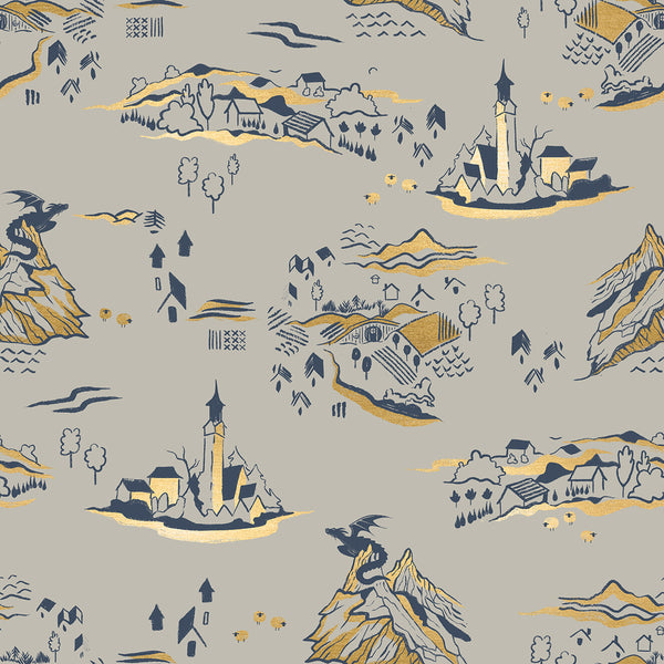 Fireglow Mountain Town Landscape in Oyster cotton fabric by Sarah Watts for Ruby Star Society featuring illustrated village scenery with metallic accents