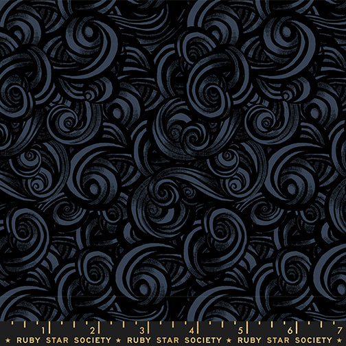 Scale of Fireglow Smoke in Black cotton fabric by Sarah Watts for Ruby Star Society featuring swirling smoke designs