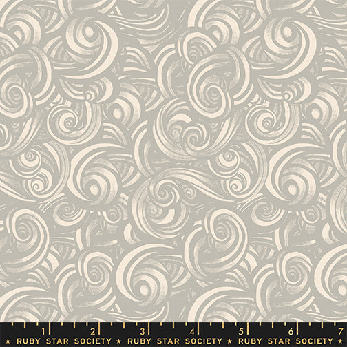 Scale of Fireglow Smoke in Oyster cotton fabric by Sarah Watts for Ruby Star Society featuring swirling smoke designs