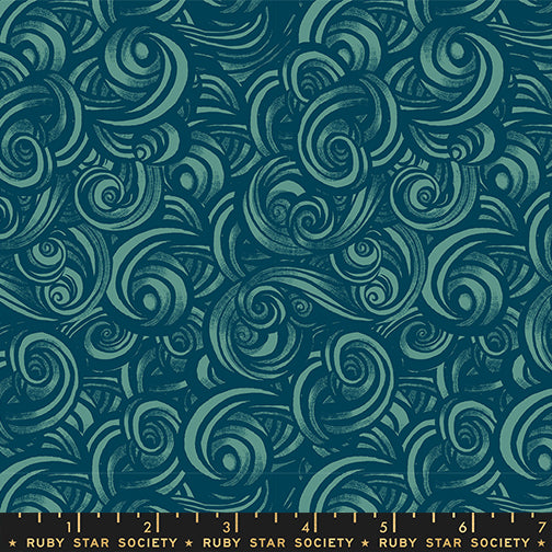 Scale of Fireglow Smoke in Watercress cotton fabric by Sarah Watts for Ruby Star Society featuring swirling smoke designs