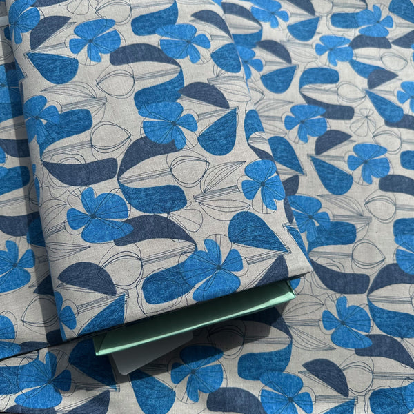 Bolt of Floral Grid cotton linen blend fabric by Kokka in blue, style YKA-41010-1 D