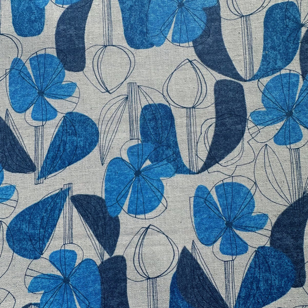 Close up of Floral Grid cotton linen blend fabric by Kokka in blue, style YKA-41010-1 D