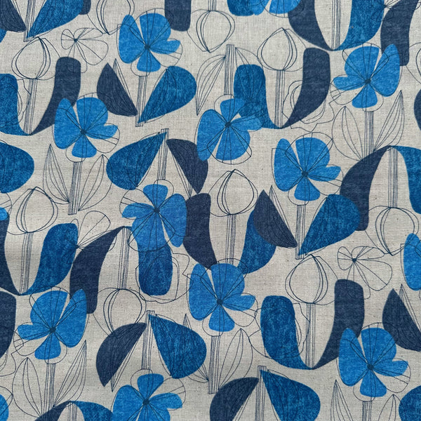 Floral Grid cotton linen blend fabric by Kokka in blue, style YKA-41010-1 D