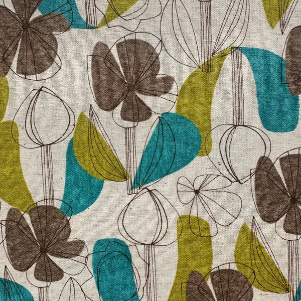 Close up of Floral Grid cotton linen blend fabric by Kokka in green and brown, style YKA-41010-1 A