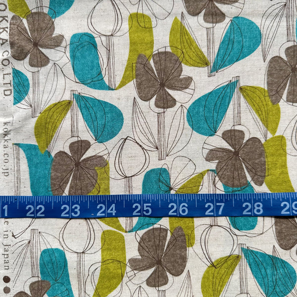 Scale of Floral Grid cotton linen blend fabric by Kokka in green and brown, style YKA-41010-1 A