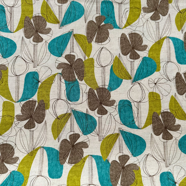 Floral Grid cotton linen blend fabric by Kokka in green and brown, style YKA-41010-1 A