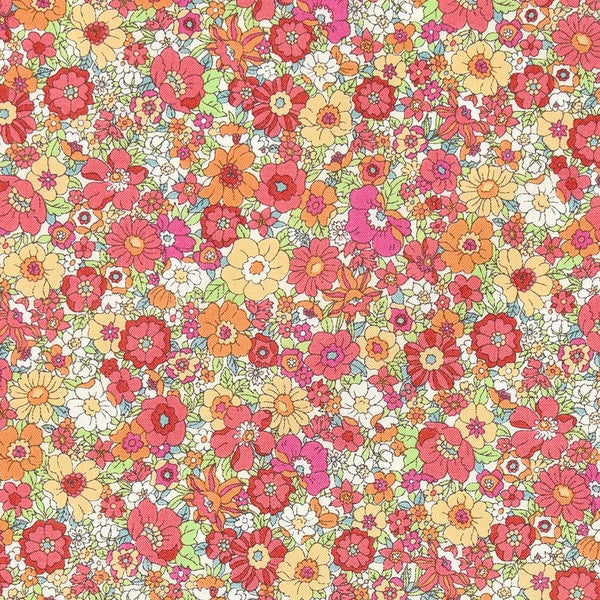 Close up of Flownny retro floral cotton lawn fabric in orange by Kokka