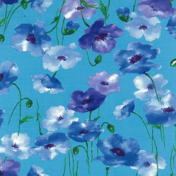 Flownny poppy flower cotton lawn fabric in blue by Kokka