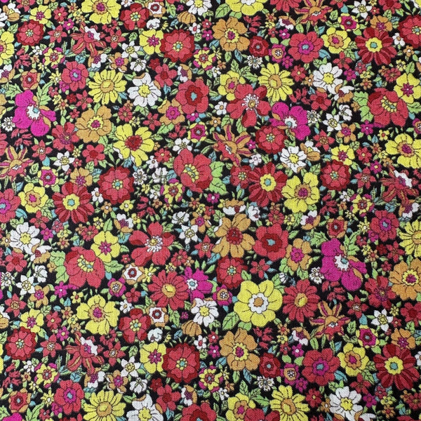 Flownny Retro Floral cotton lawn fabric by Kokka in black multi, style NFA-1030-31 F