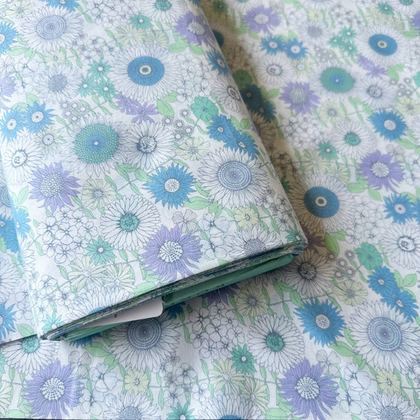 Bolt of Flownny Retro Floral cotton lawn fabric by Kokka in light blue, style NFA-1050 54B