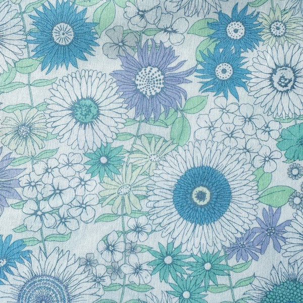 Close up of Flownny Retro Floral cotton lawn fabric by Kokka in light blue, style NFA-1050 54B