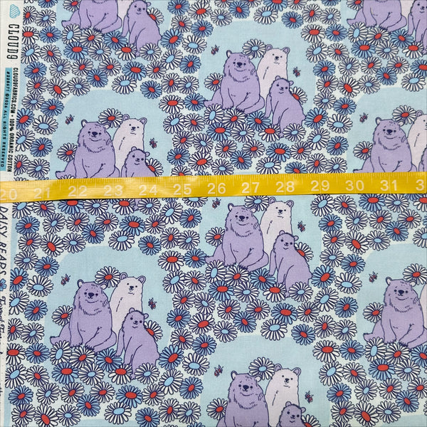 Scale of Forest Friends Daisy Bears Cotton Fabric by The Good Twin, blue and purple, 100% organic cotton.
