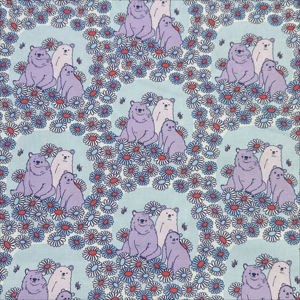 Forest Friends Daisy Bears Cotton Fabric by The Good Twin, blue and purple, 100% organic cotton.
