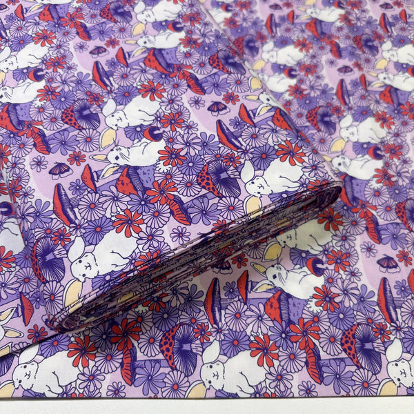 Bolt of Forest Friends Mushroom Bunnies Cotton Fabric by The Good Twin for Cloud 9 Fabrics, 100% organic cotton.