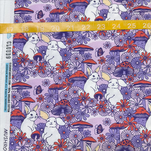 Scale of Forest Friends Mushroom Bunnies Cotton Fabric by The Good Twin for Cloud 9 Fabrics, 100% organic cotton.