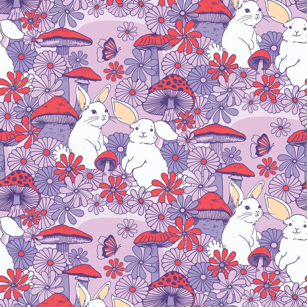 Stock photo of Forest Friends Mushroom Bunnies Cotton Fabric by The Good Twin for Cloud 9 Fabrics, 100% organic cotton.
