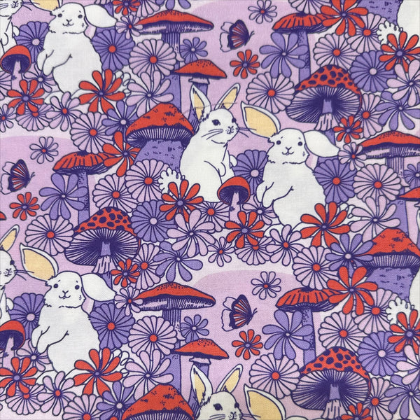 Forest Friends Mushroom Bunnies Cotton Fabric by The Good Twin for Cloud 9 Fabrics, 100% organic cotton.