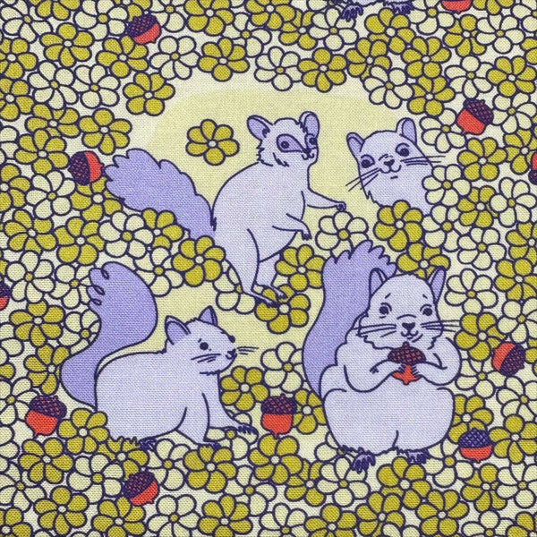 Close up of Forest Friends Playful Squirrels Cotton Fabric by The Good Twin for Cloud 9 Fabrics, 100% organic cotton.