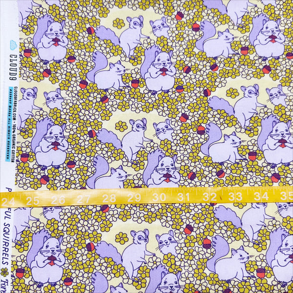 Scale of Forest Friends Playful Squirrels Cotton Fabric by The Good Twin for Cloud 9 Fabrics, 100% organic cotton.