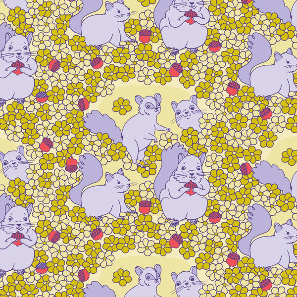 Stock Photo of Forest Friends Playful Squirrels Cotton Fabric by The Good Twin for Cloud 9 Fabrics, 100% organic cotton.